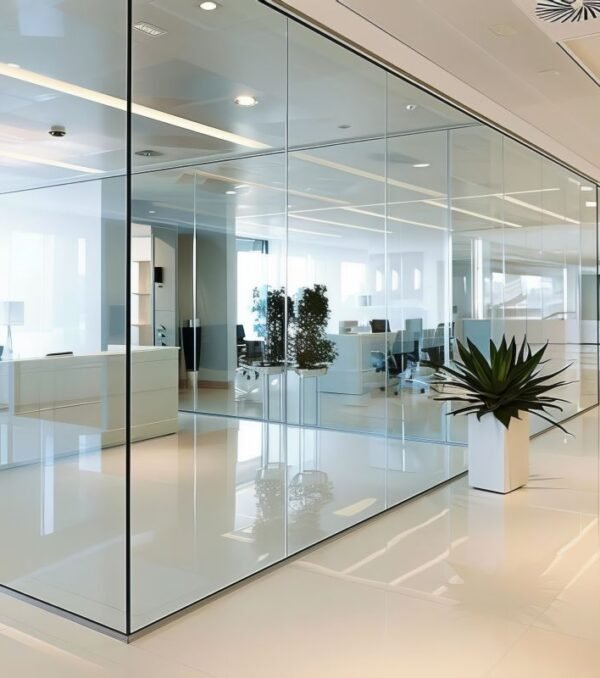 Chic glass partition and stylish white flooring in modern office for a sophisticated workspace
