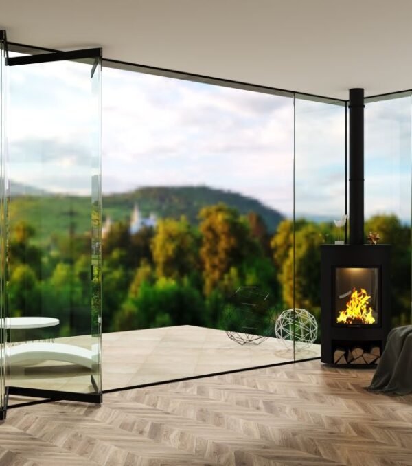 3D illustration. The facade of a modern forest villa patio with automatic black sliding doors and fireplace.